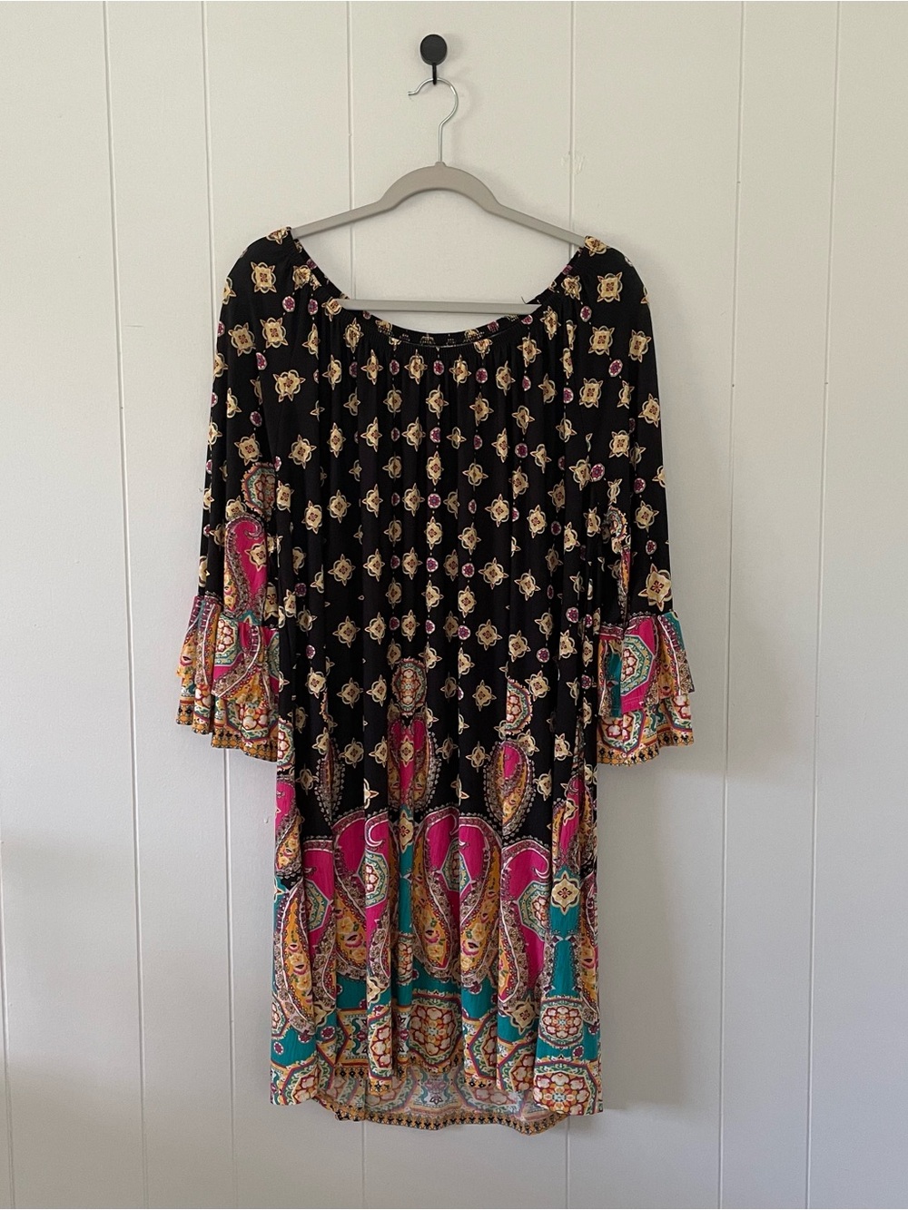 Black Paisley Print Long Sleeve Boho Dress with Pink & Teal Accents